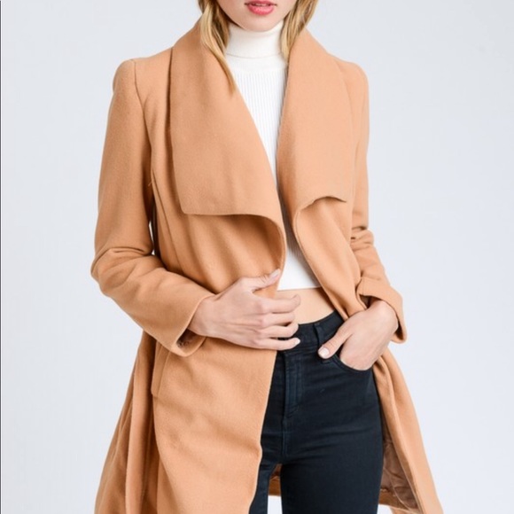 Camel Drape Collar Trench Coat - Picture 3 of 6